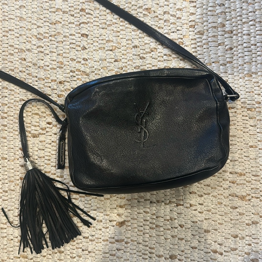 YSL leather camera bag in black.
